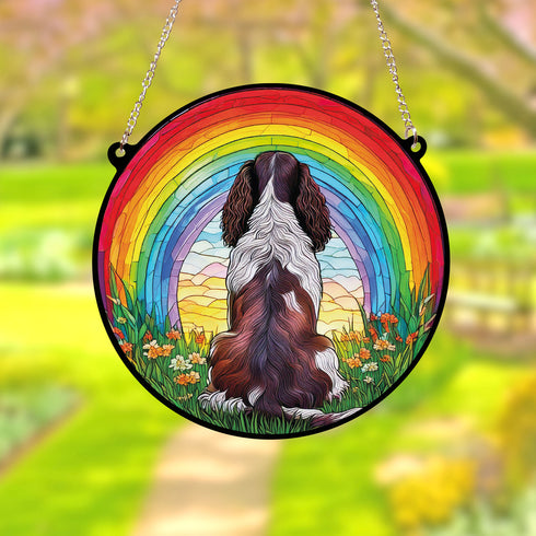 Springer Spaniel Dark Brown & White Rainbow Bridge Stained Glass Effect Suncatcher